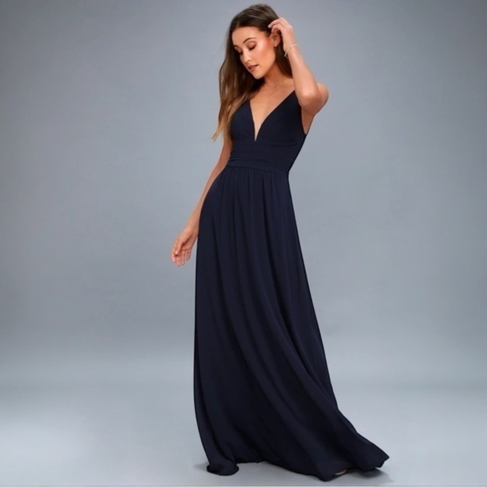 NEW Nordstrom lulus Navy Blue Chiffon Maxi BRIDAL OCCASION Evening Dress SZ S